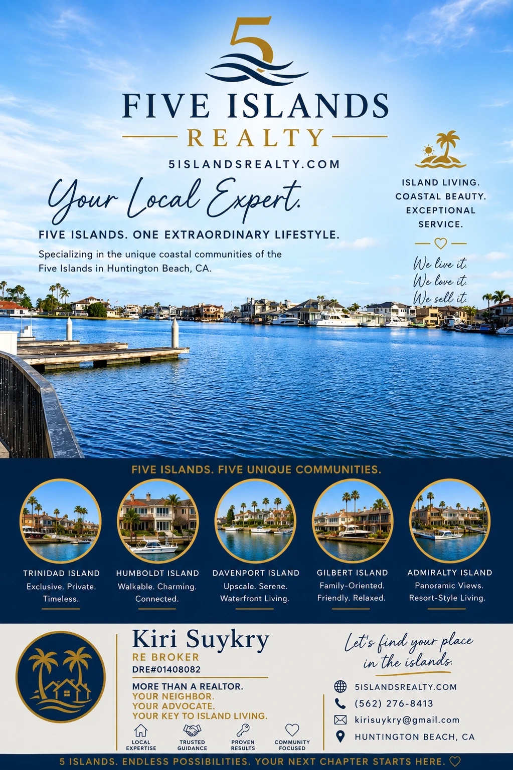 Five Islands Realty brochure — Huntington Harbour waterfront real estate overview featuring Trinidad, Humboldt, Davenport, Gilbert, and Admiralty Islands
